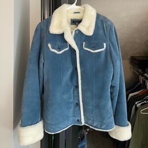Super cute Penny Lane blue suede faux fur trim jacket